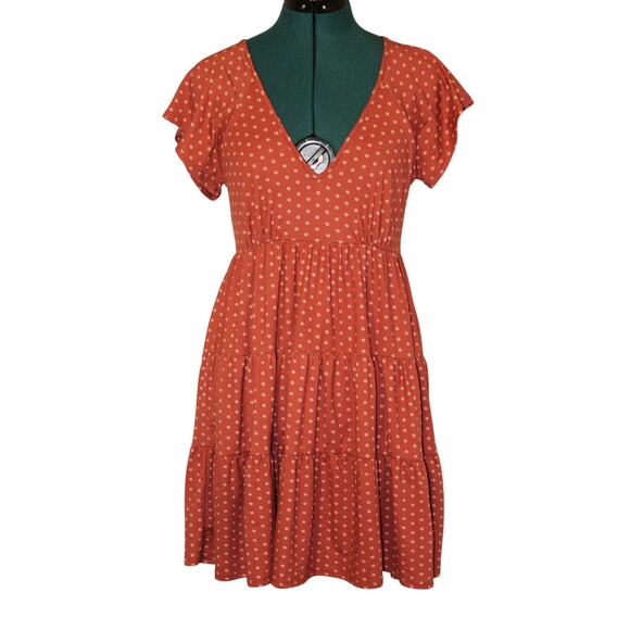 Urban Outfitters Boho Rust Floral Polka Dot Tiered Mini Dress Cottagecore Small - Picture 2 of 3